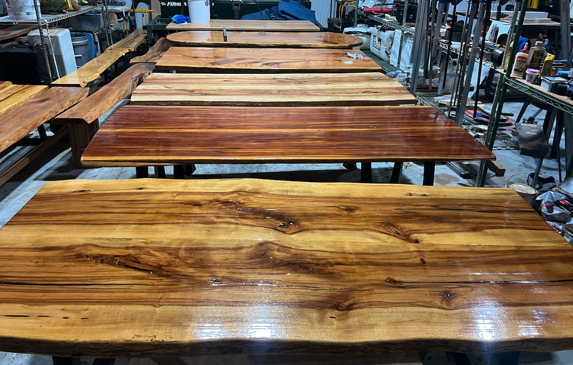 David's barn is full of tables he and his friend made.